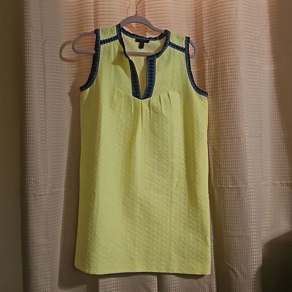 J Crew Neon Yellow and Deep Blue Geometric Print Midi Sheath Dress Size 8P - Picture 1 of 9